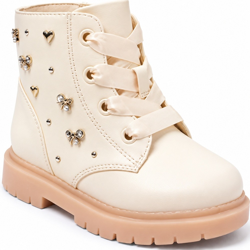 Cat & Jack Amaya Ivory Lace Up Combat Boots Heart Bow Studs Baby Girl Size 6 NWT